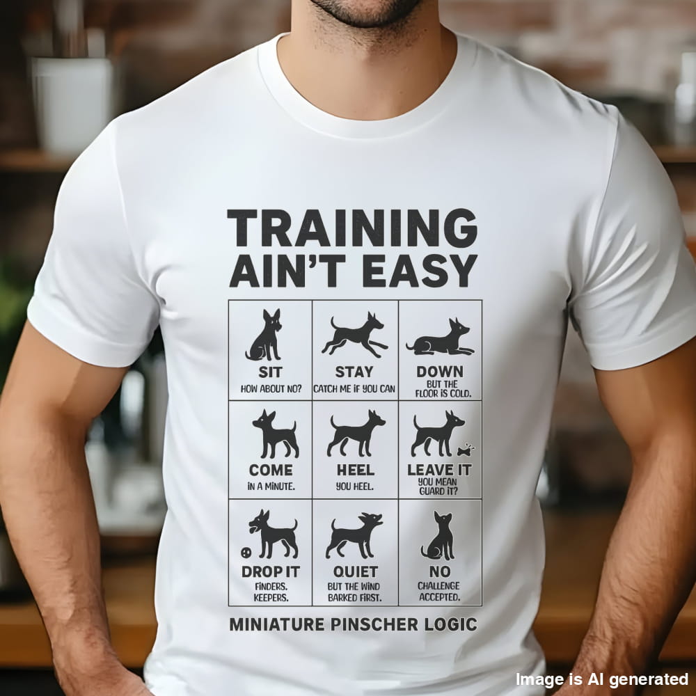 White "Training Ain’t Easy" Miniature Pinscher unisex t-shirt with funny dog command graphics
