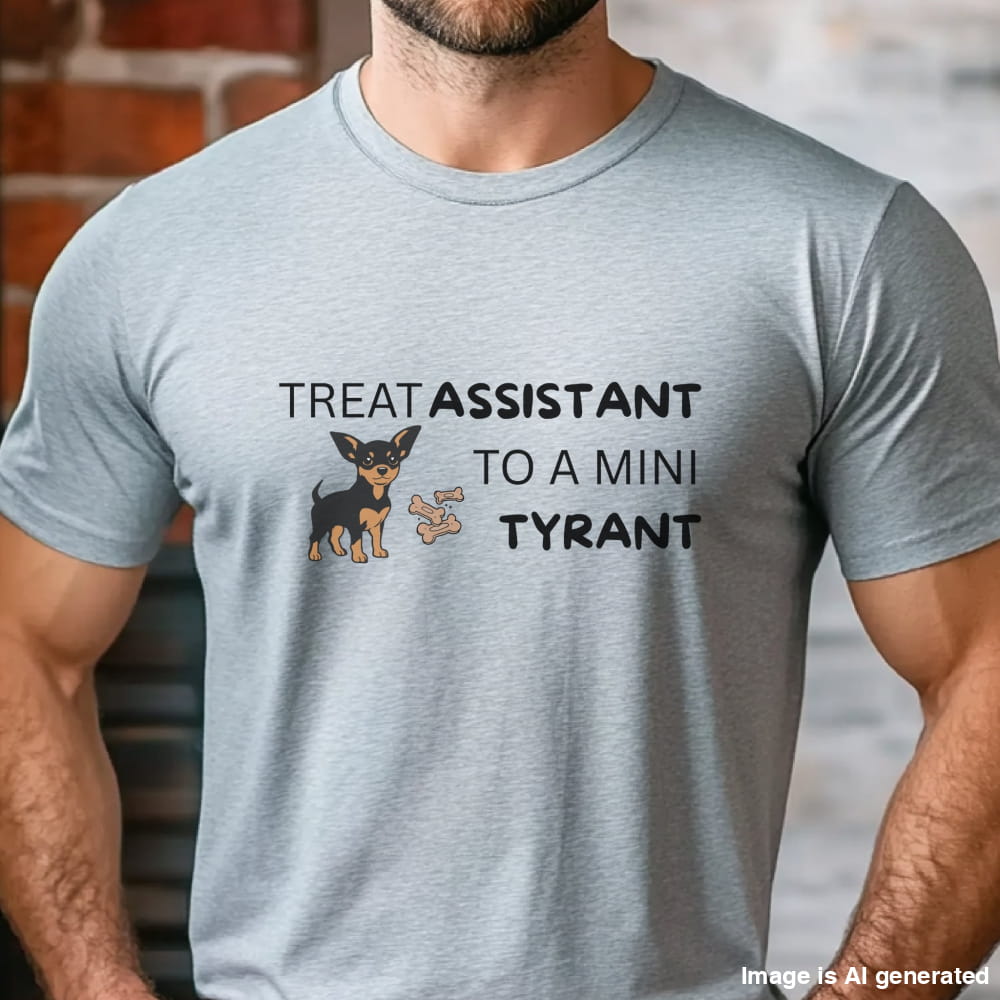 Grey unisex t-shirt with Miniature Pinscher illustration and text: "Treat Assistant to a Mini Tyrant"