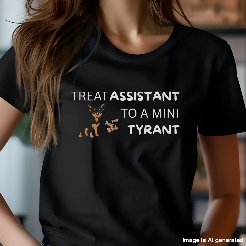 Black unisex t-shirt with Miniature Pinscher illustration and text: "Treat Assistant to a Mini Tyrant"