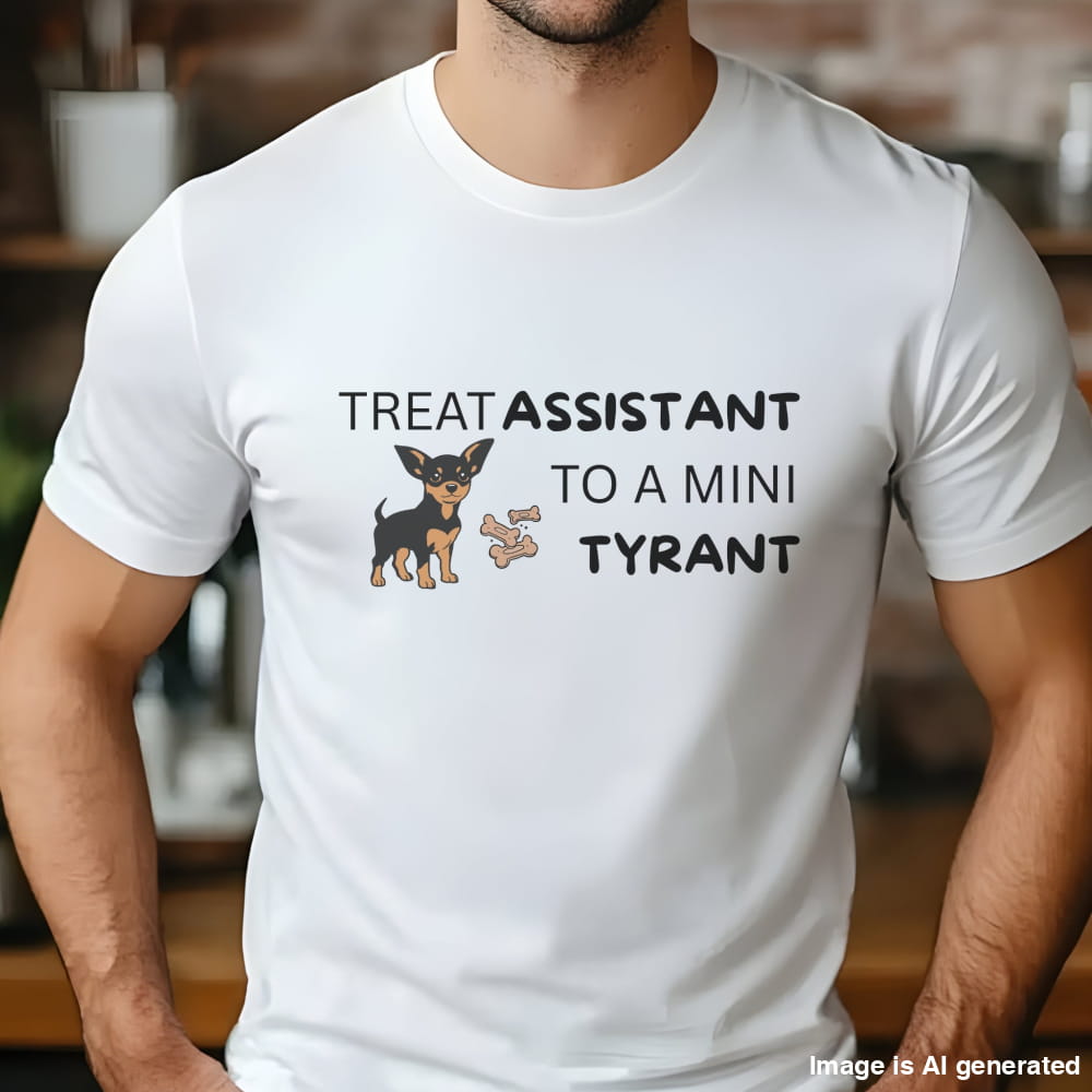 White unisex t-shirt with Miniature Pinscher illustration and text: "Treat Assistant to a Mini Tyrant"