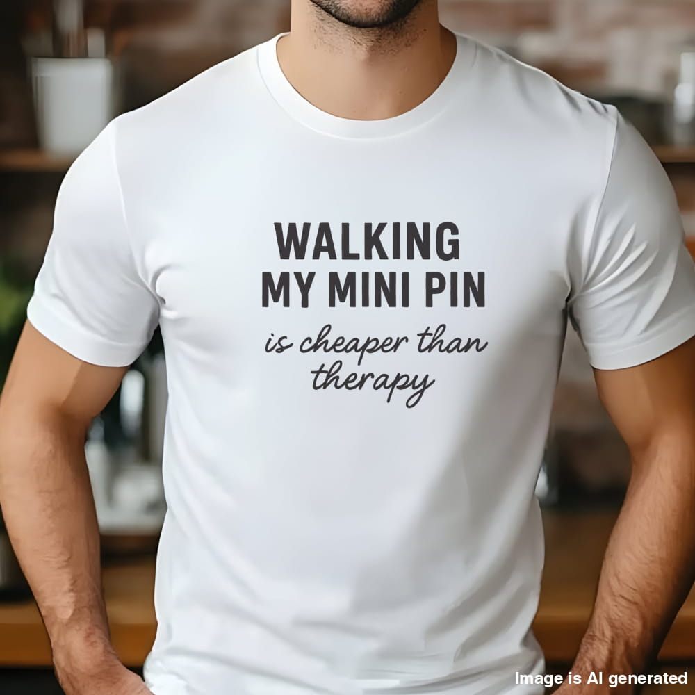 White unisex t-shirt with black text: "WALKING MY MINI PIN is cheaper than therapy" centered on chest
