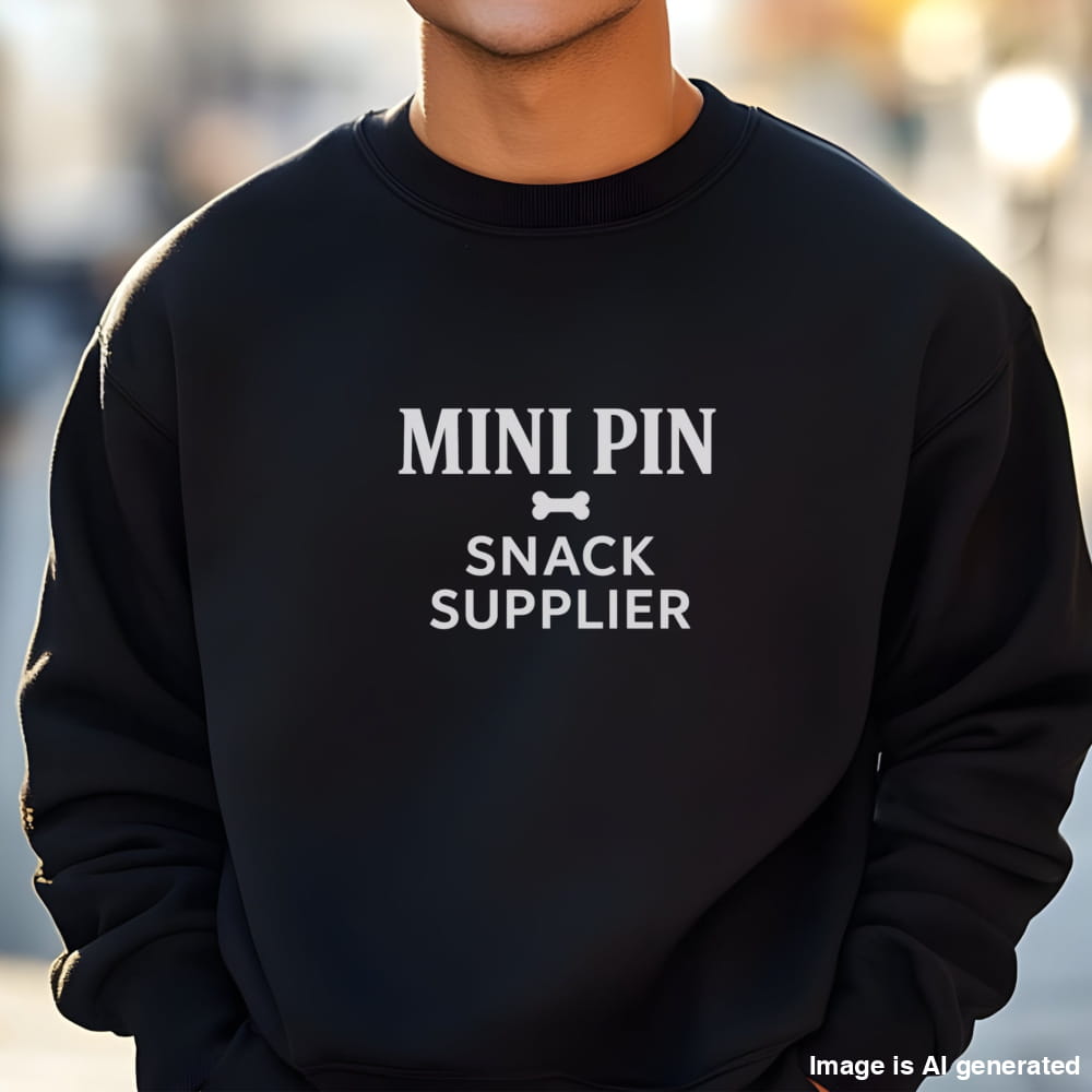 Man wearing a black "Mini Pin Snack Supplier" Miniature Pinscher unisex sweatshirt outdoors in the streets.