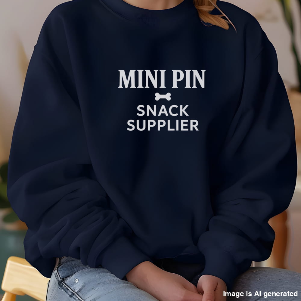 Woman wearing anavy "Mini Pin Snack Supplier" Miniature Pinscher unisex sweatshirt indoors.