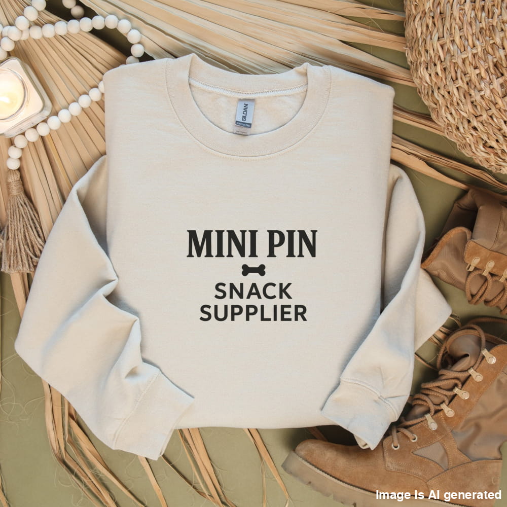 Flat lay of a sand "Mini Pin Snack Supplier" Miniature Pinscher unisex sweatshirt.