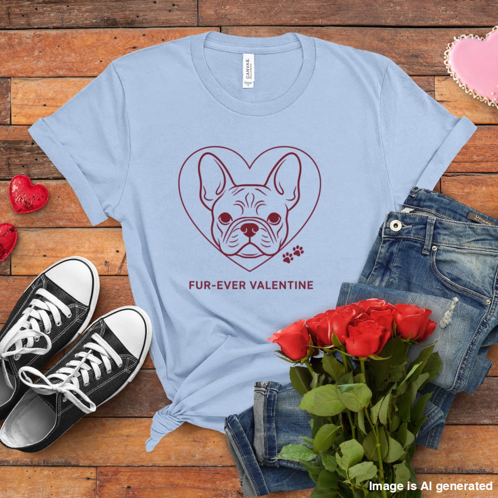 Light blue t-shirt with a heart-shaped dog design and 'FUR-EVER VALENTINE' text, paired with jeans, sneakers, and red roses on a wooden surface.