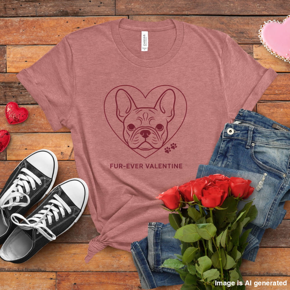 Pink t-shirt with dog illustration, black sneakers, red roses, and jeans on a wooden surface