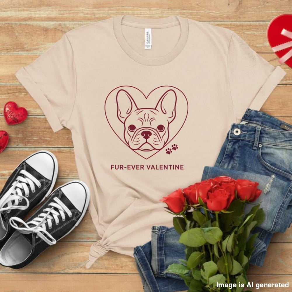 Beige t-shirt with a dog heart design, black and white sneakers, red roses, and denim jeans on a wooden surface.