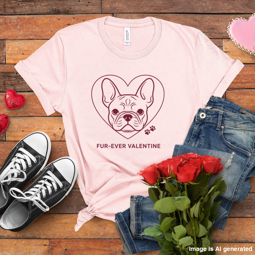 Pink t-shirt with dog illustration and text, paired with jeans, sneakers, and roses on a wooden surface.