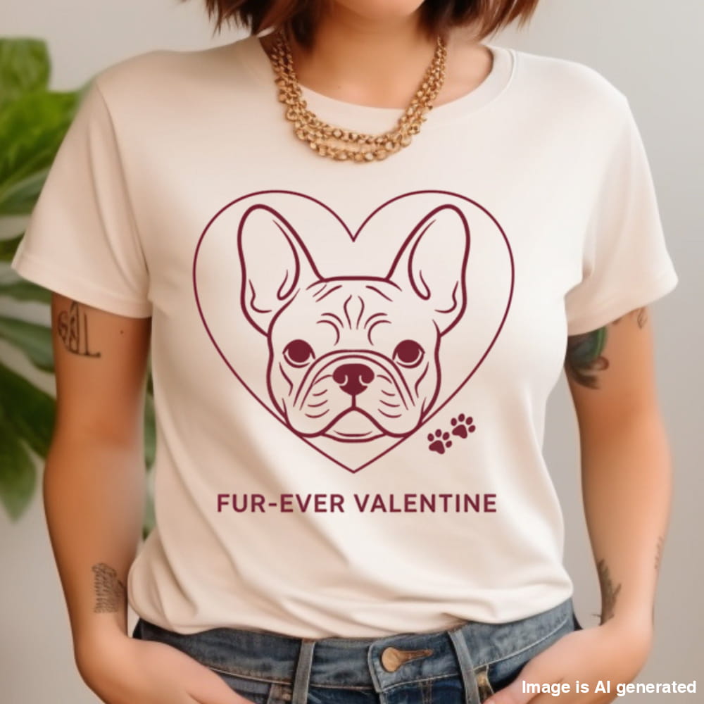 Person wearing a t-shirt with a dog illustration and 'Fur-Ever Valentine' text.