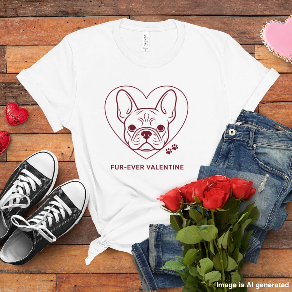 White t-shirt with dog heart design, black sneakers, red roses, and jeans on a wooden surface.