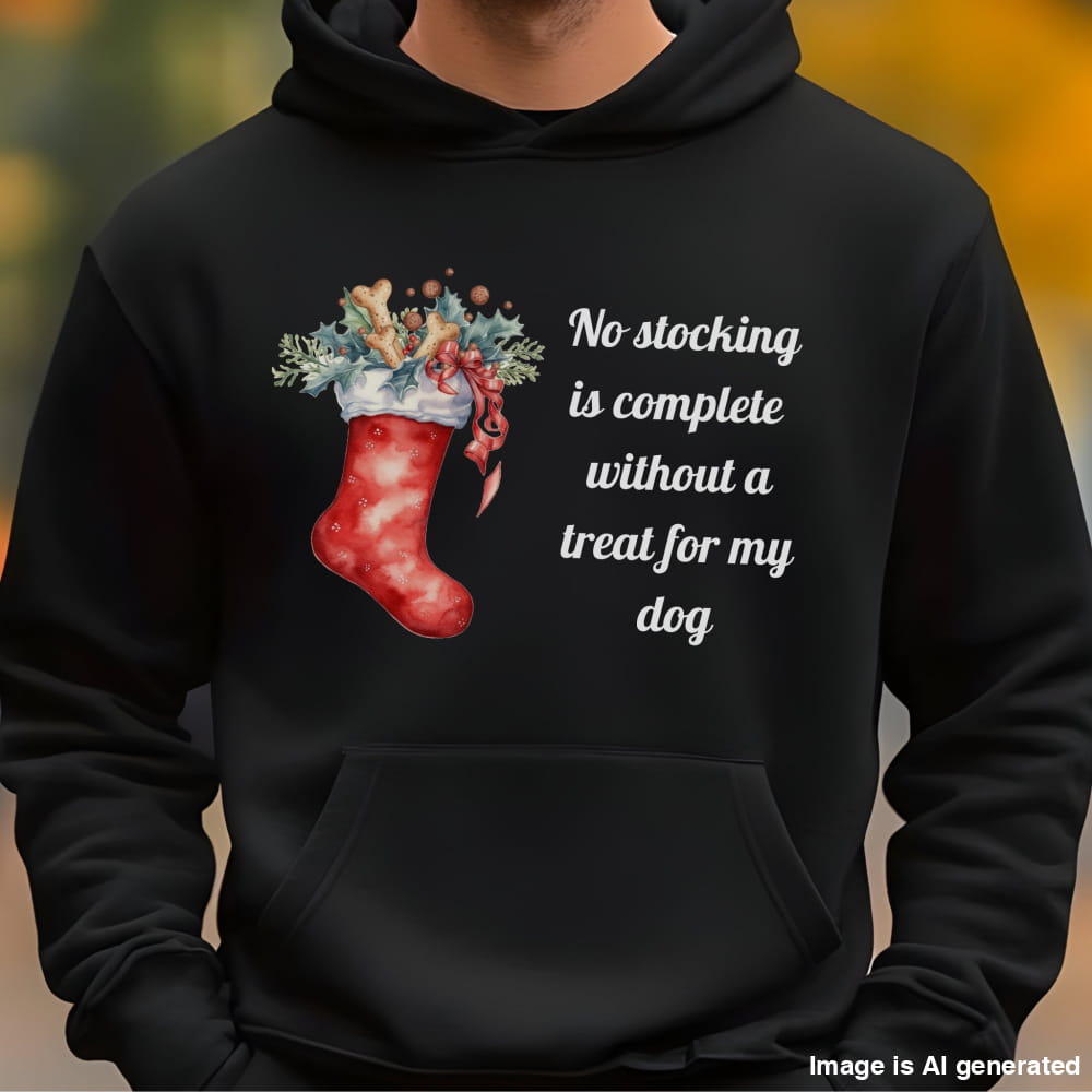 Black hoodie with a Christmas stocking design and text on a blurred background