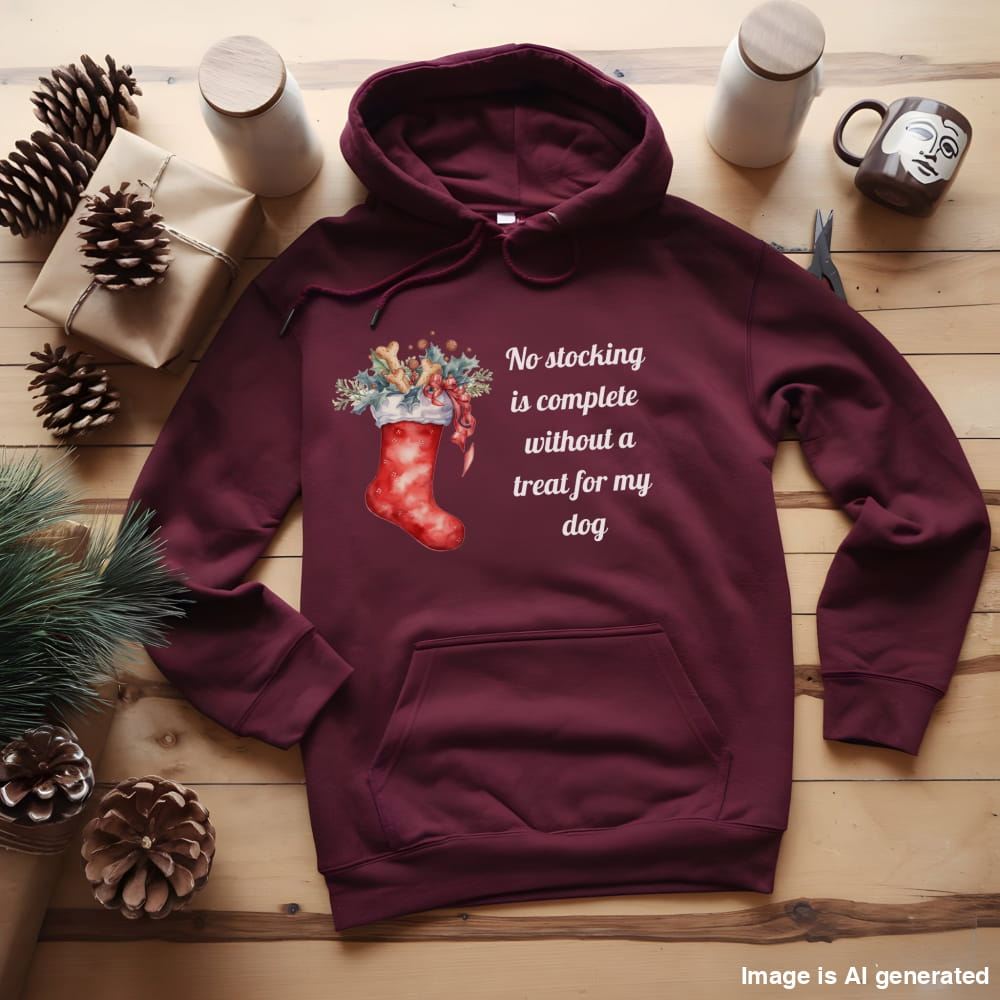 Maroon hoodie with Christmas design and text on a wooden surface with decorative items.