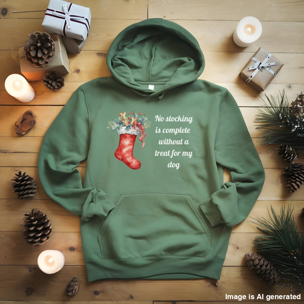 Green hoodie with Christmas design and text on a wooden surface with candles and pinecones.