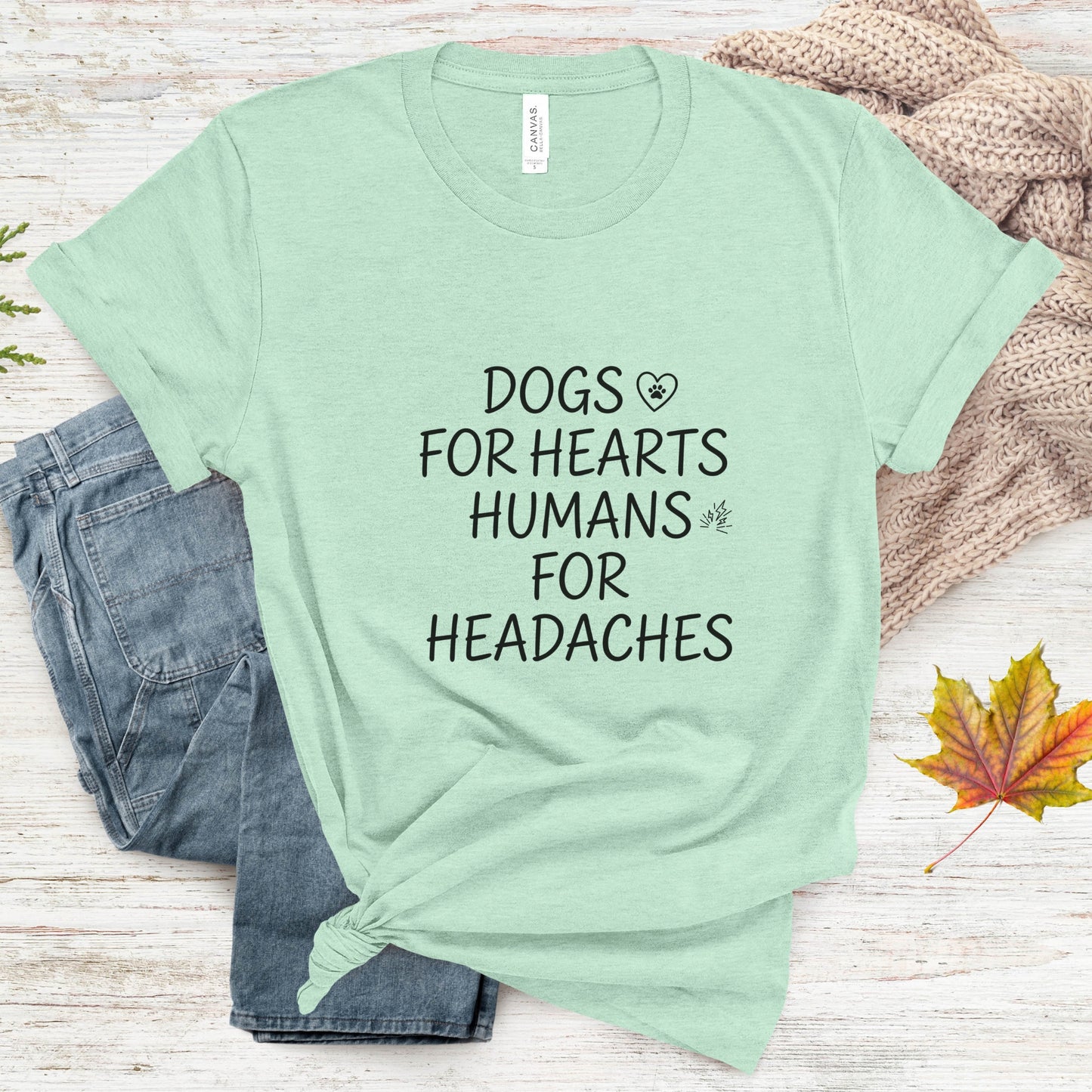 Mint green t-shirt with text 'DOGS FOR HEARTS HUMANS FOR HEADACHES' on a wooden surface with jeans and leaves.