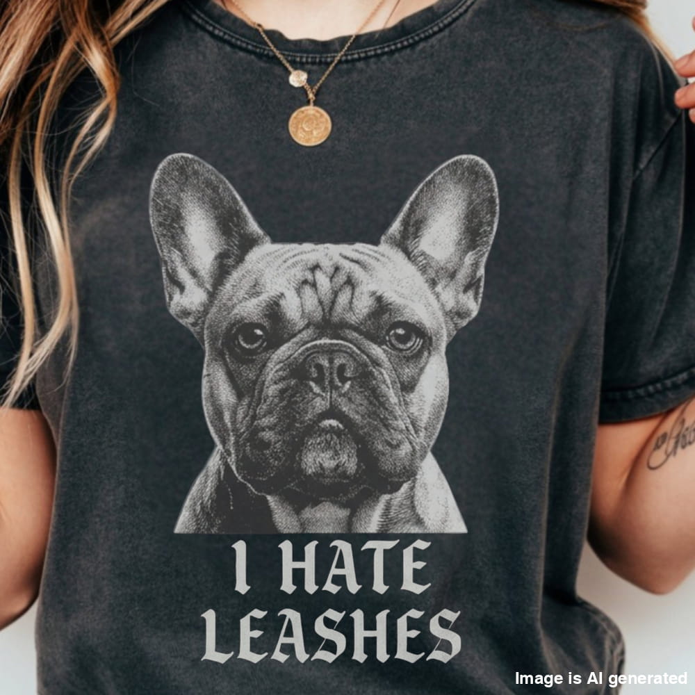 Person wearing a black t-shirt with a graphic of a dog and text 'I HATE LEASHES'.