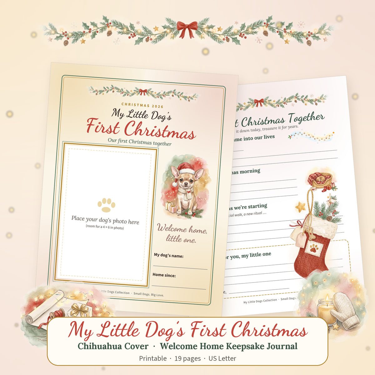 Chihuahua cover of the printable dog Christmas keepsake journal with a Chihuahua in a Santa hat
