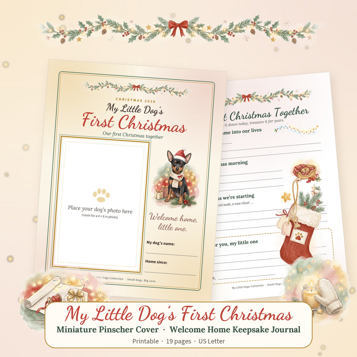 Miniature Pinscher cover of the printable dog Christmas keepsake journal with a Miniature Pinscher in a Santa hat