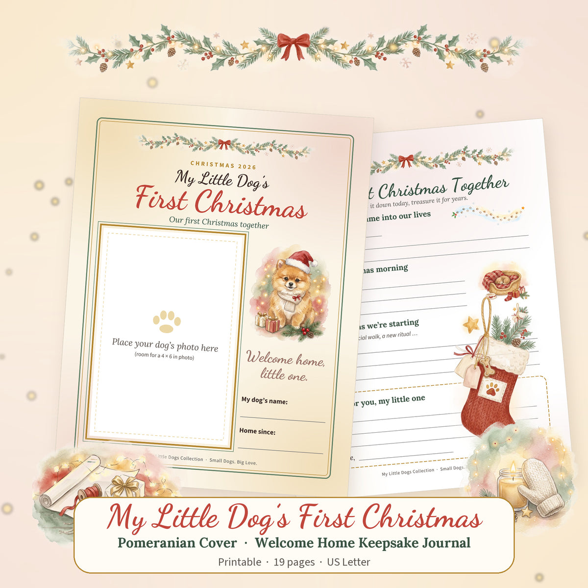 Pomeranian cover of the printable dog Christmas keepsake journal with a Pomeranian in a Santa hat