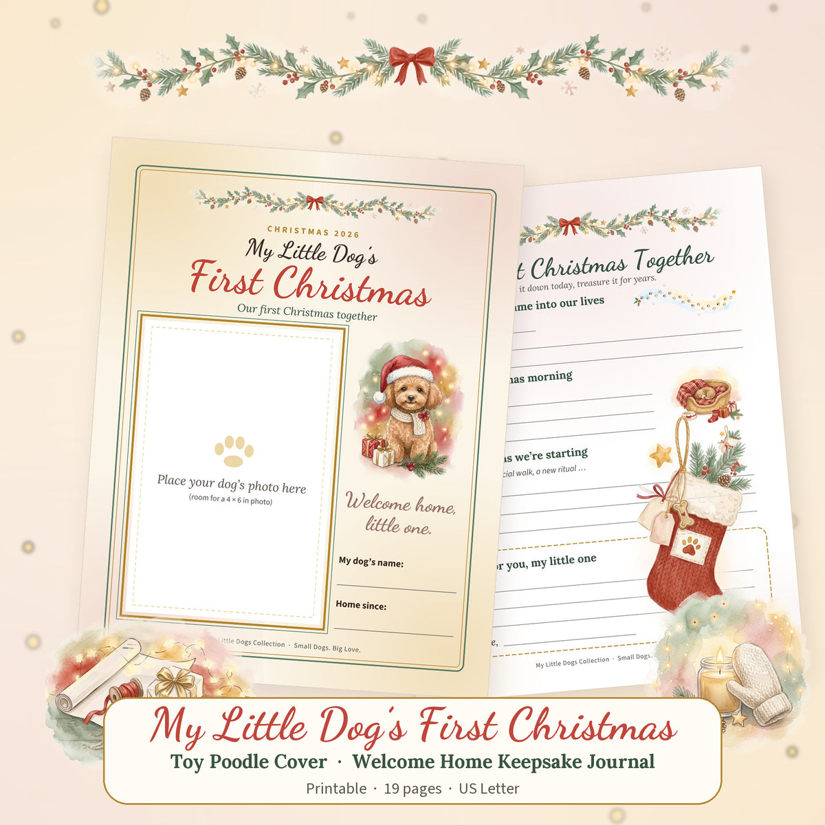 Toy Poodle cover of the printable dog Christmas keepsake journal with a Toy Poodle in a Santa hat