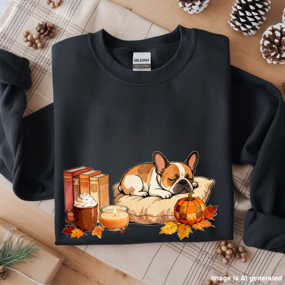 Black sweatshirt with a dog and autumn-themed design on a wooden surface.