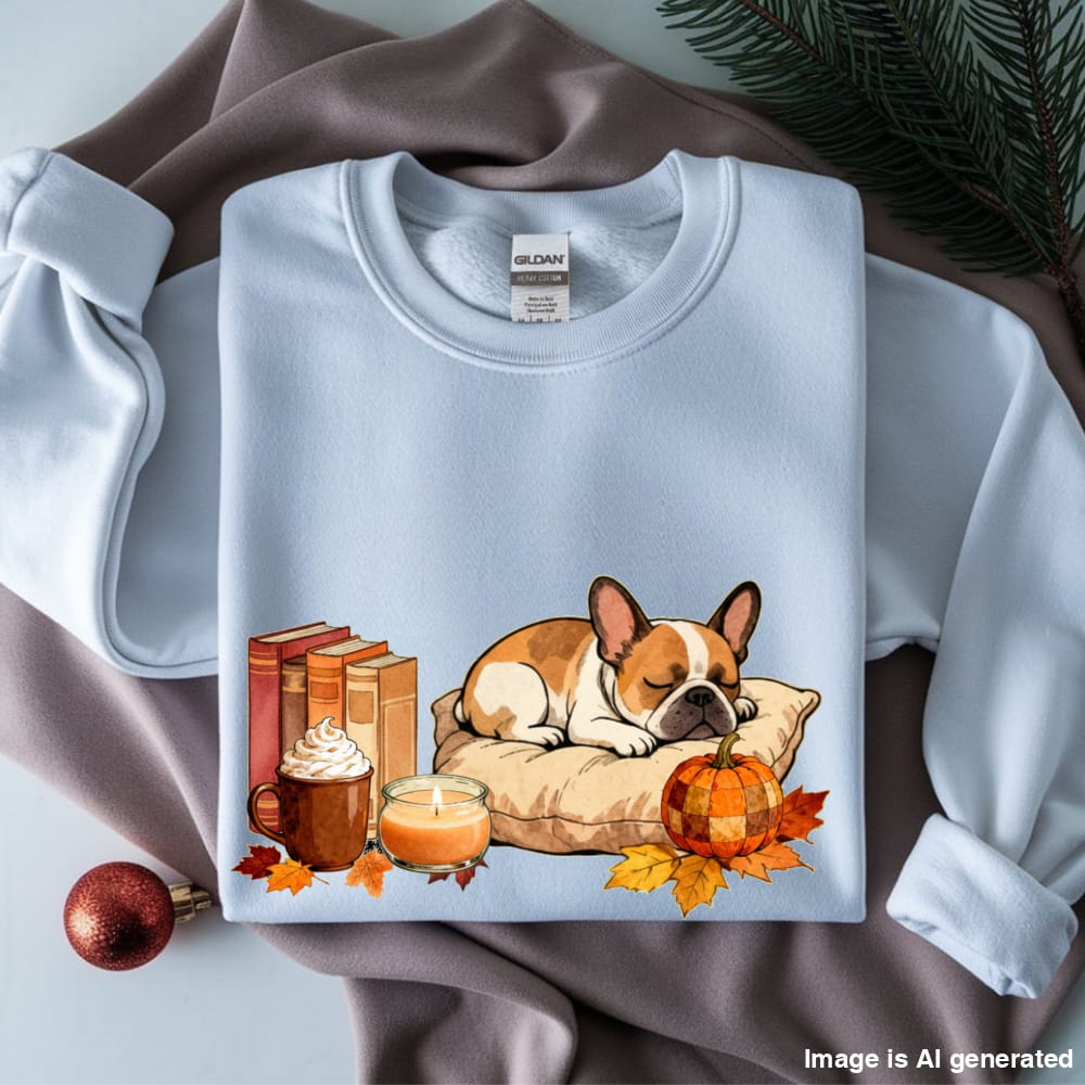 Folded sweatshirt with a dog, books, pumpkin, and leaves design on a fabric background