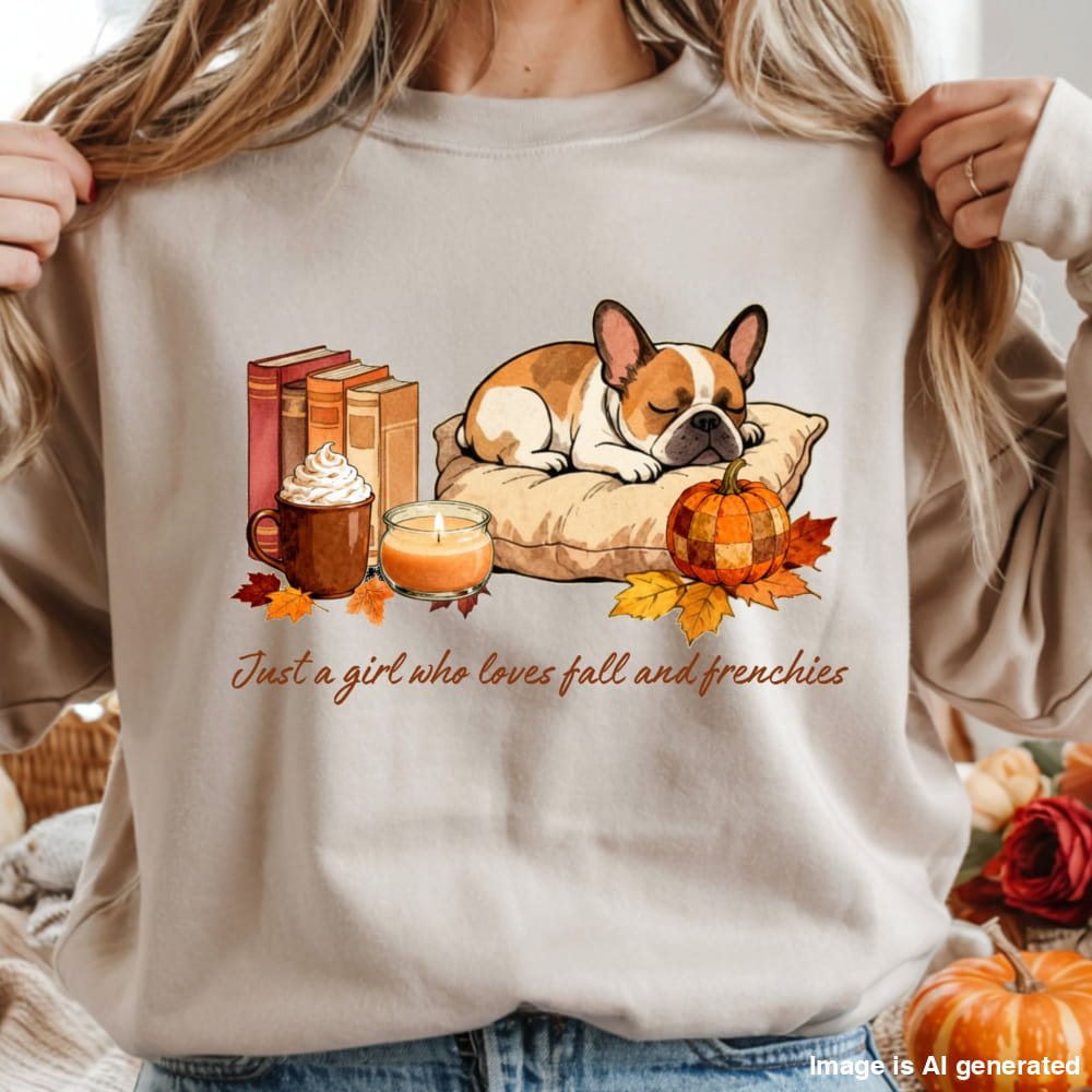 Beige sweatshirt with a design of a dog, pumpkin, and fall elements, held by a person.