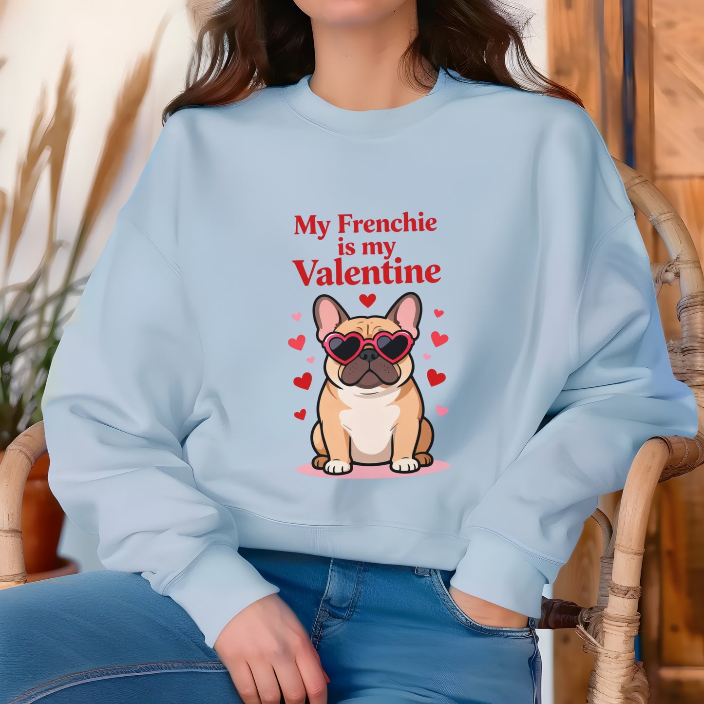 Person wearing a light blue sweatshirt with a Frenchie graphic and text.