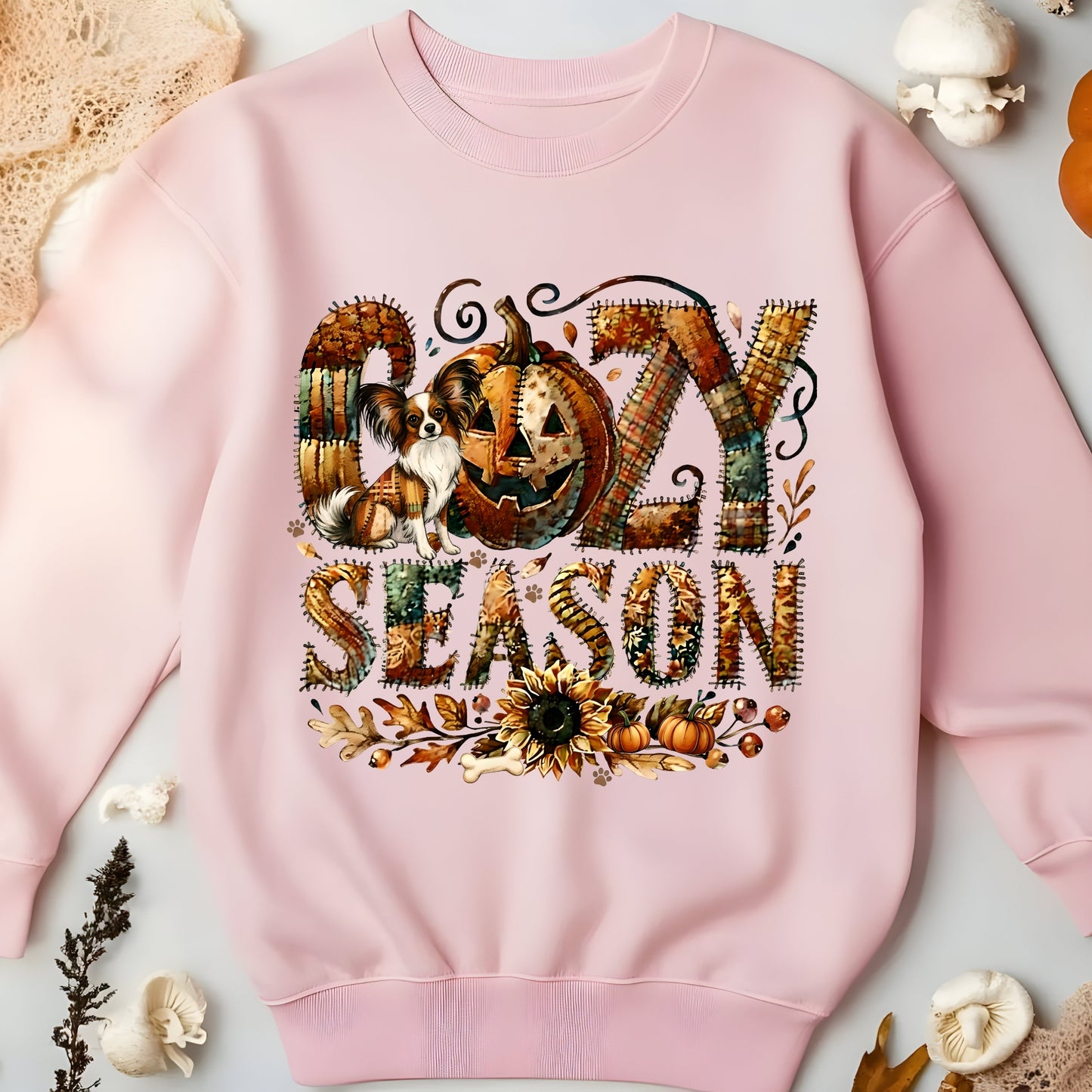 Cozy Season Papillon Premium Sweatshirt – Autumn Halloween Patchwork Edition