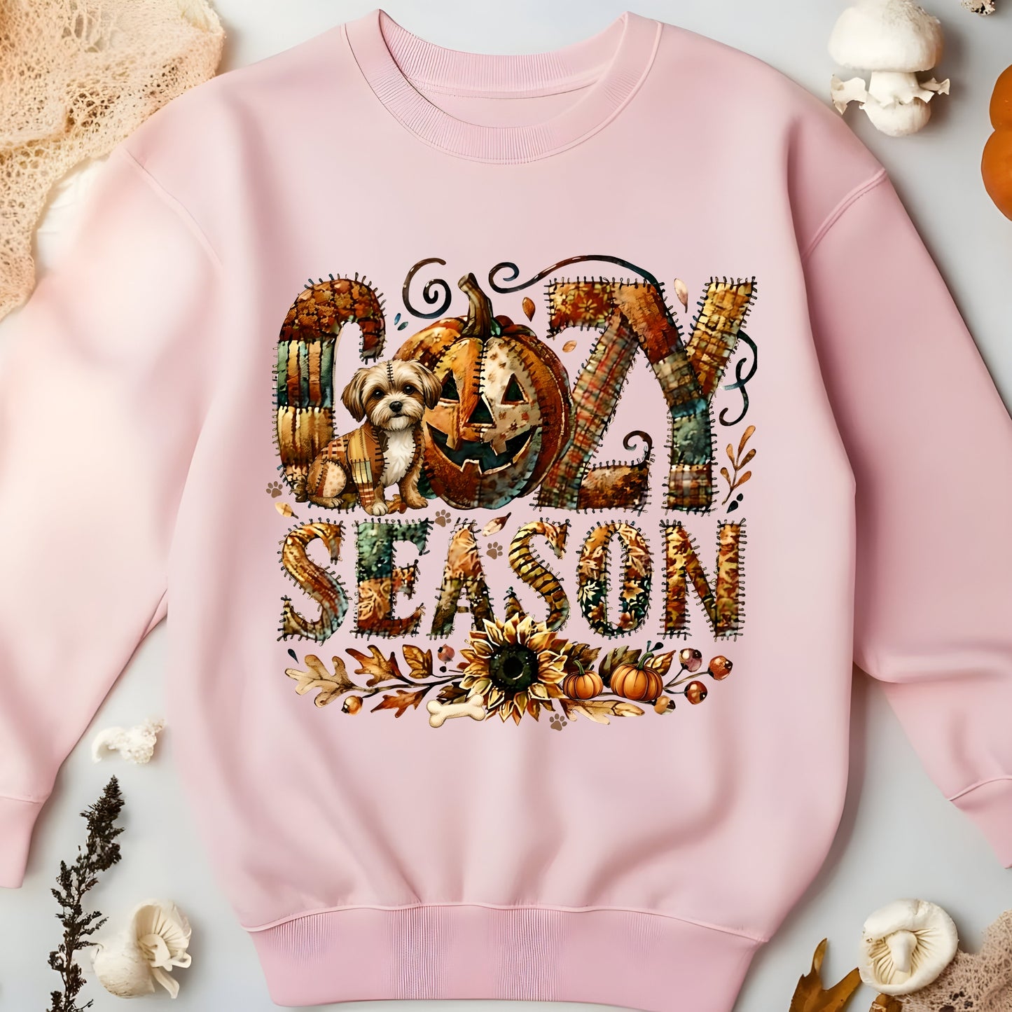 Cozy Season Shi Tzu Premium Sweatshirt – Autumn Halloween Patchwork Edition