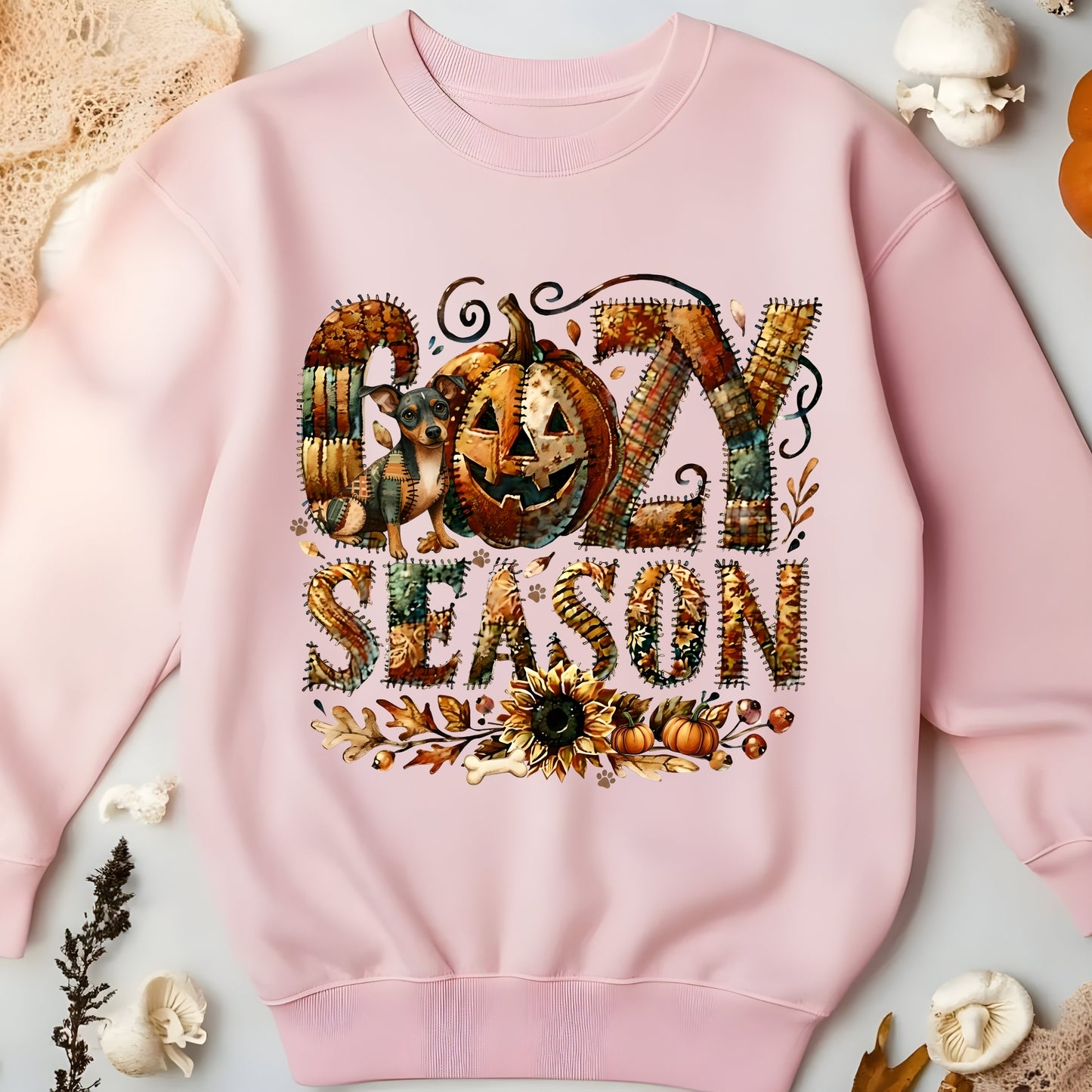 Cozy Season Mini Pinscher Premium Sweatshirt – Autumn Halloween Patchwork Edition