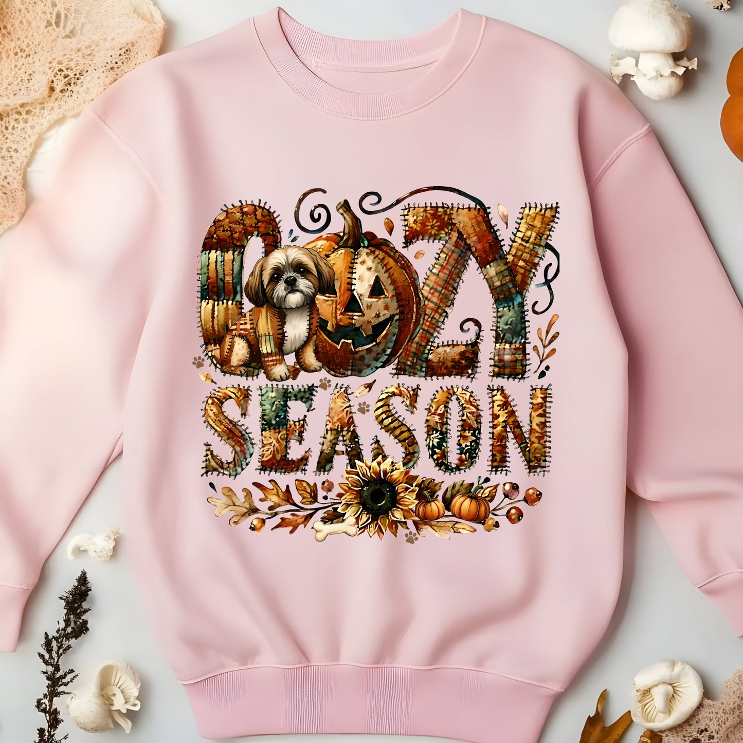 Cozy Season Maltese Premium Sweatshirt – Autumn Halloween Patchwork Edition