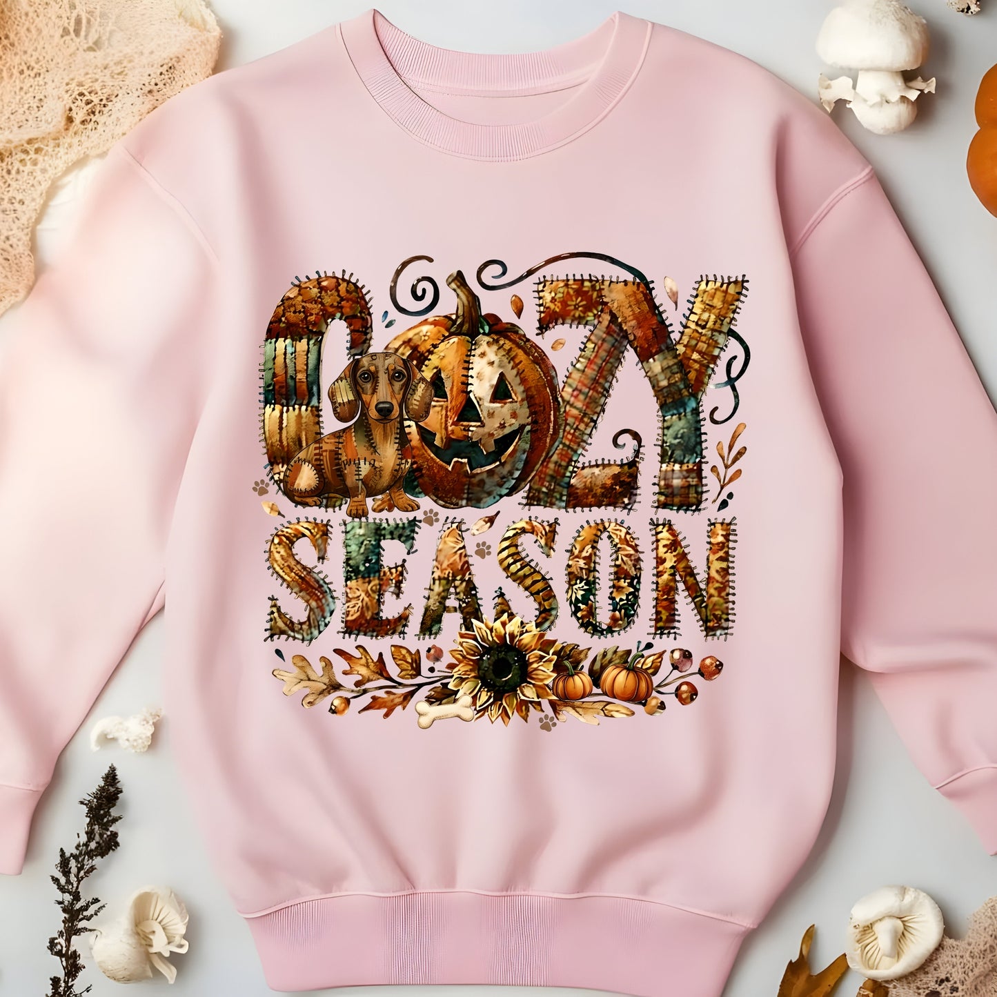 Cozy Season Dachshound Premium Sweatshirt – Autumn Halloween Patchwork Edition
