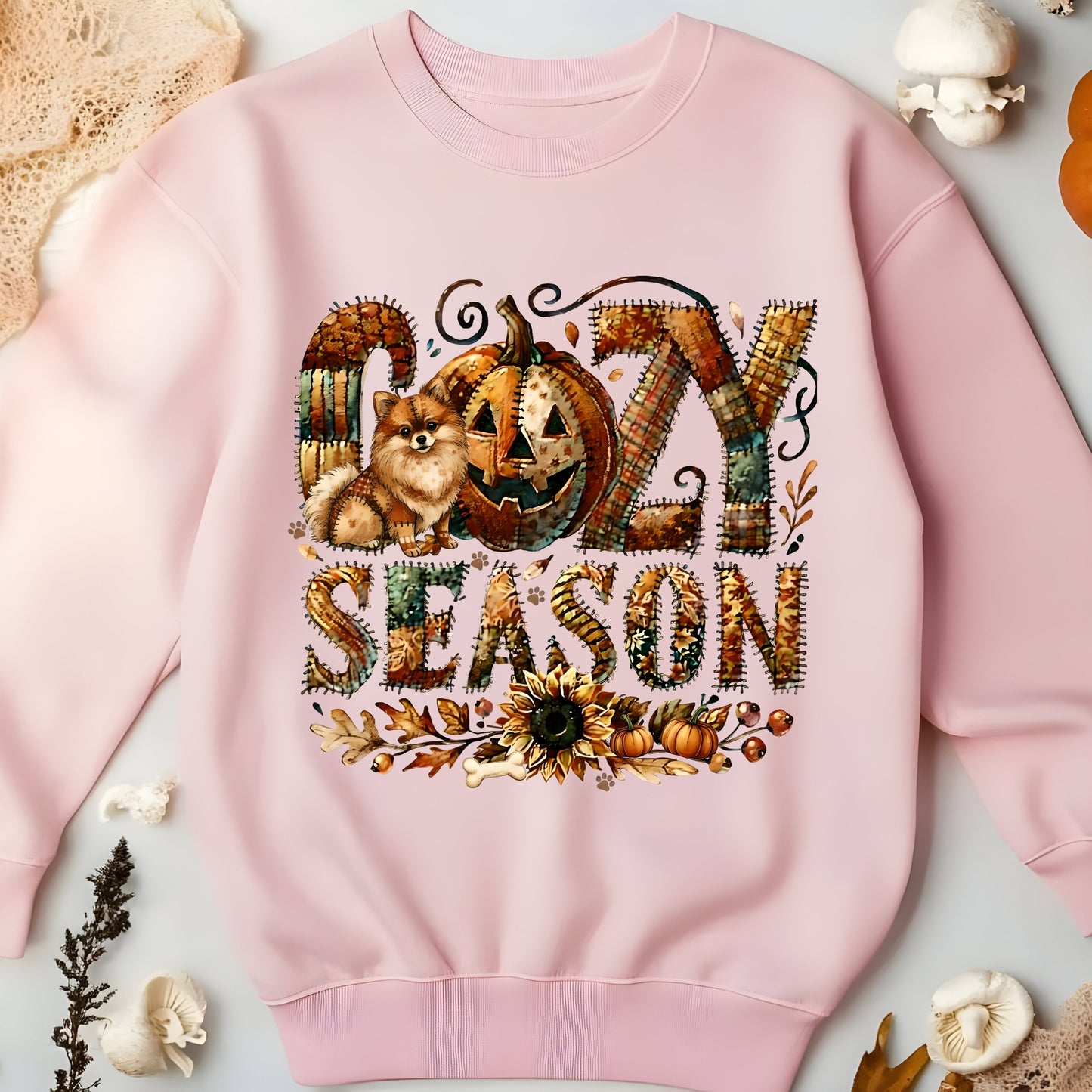 Cozy Season Pomeranian Premium Sweatshirt – Autumn Halloween Patchwork Edition