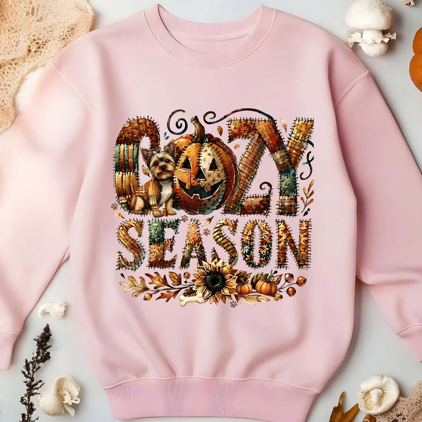 Cozy Season Yorkie Premium Sweatshirt – Autumn Halloween Patchwork Edition