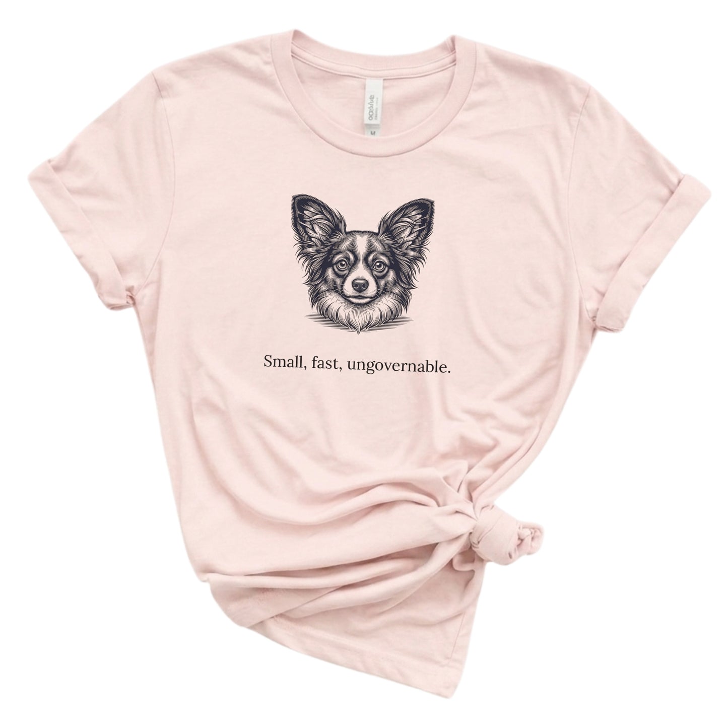 Pink t-shirt with a dog illustration and text on a white background