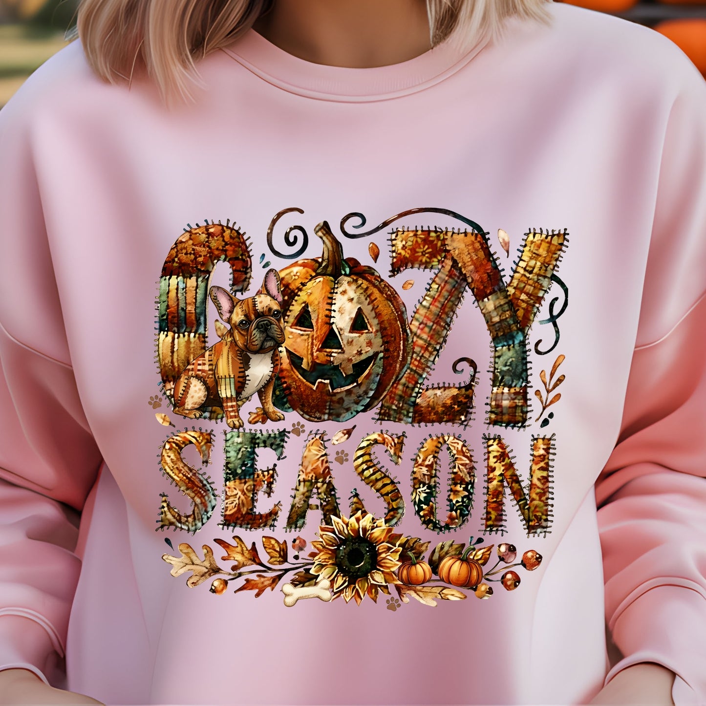 Person wearing an light pink sweatshirt with ' cozy season' design featuring pumpkins and leaves.
