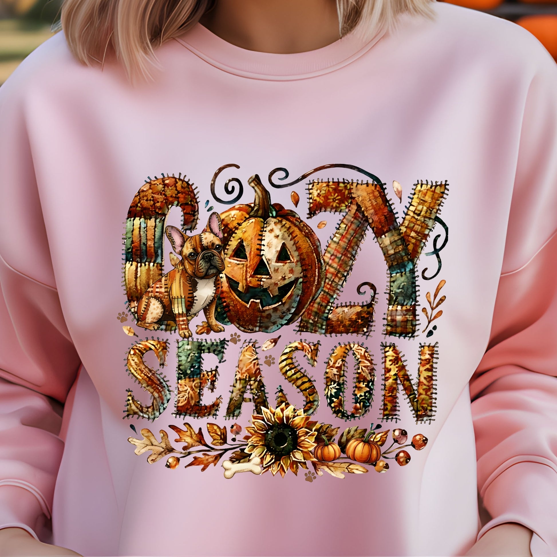 Person wearing an light pink sweatshirt with ' cozy season' design featuring pumpkins and leaves.