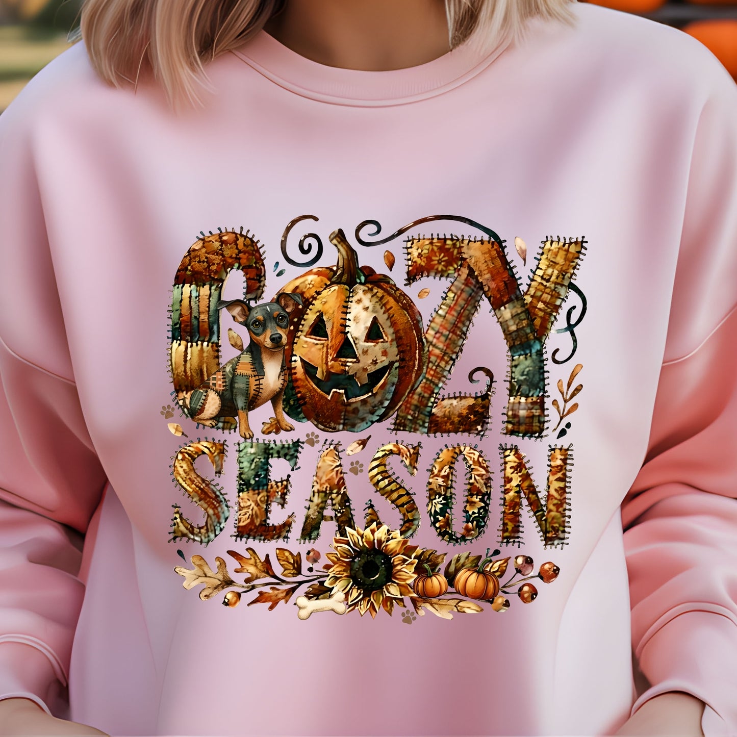 Pink sweatshirt with 'Cozy Season' design featuring pumpkins and leaves.