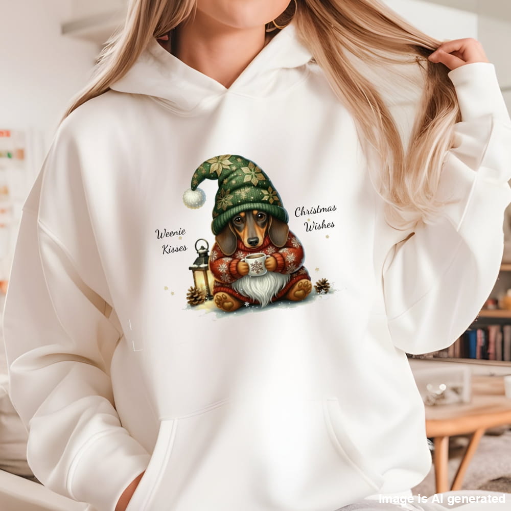 White hoodie with a Christmas-themed design featuring a dog and gnome, worn by a person.