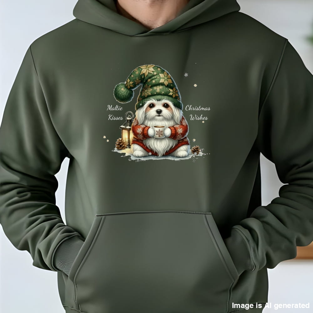 Green hoodie with a Christmas-themed design of a dog in a gnome outfit on a white background