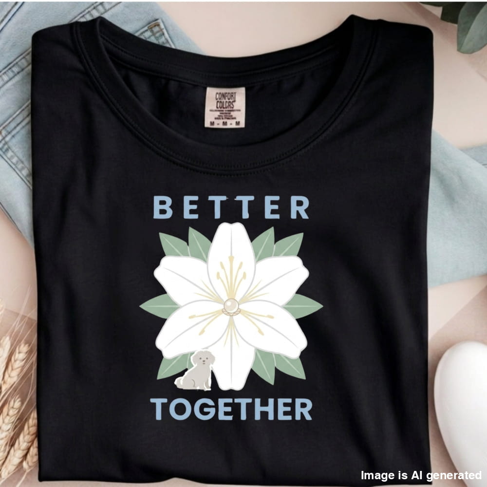 Black t-shirt with a white flower design and 'Better Together' text on a neutral background