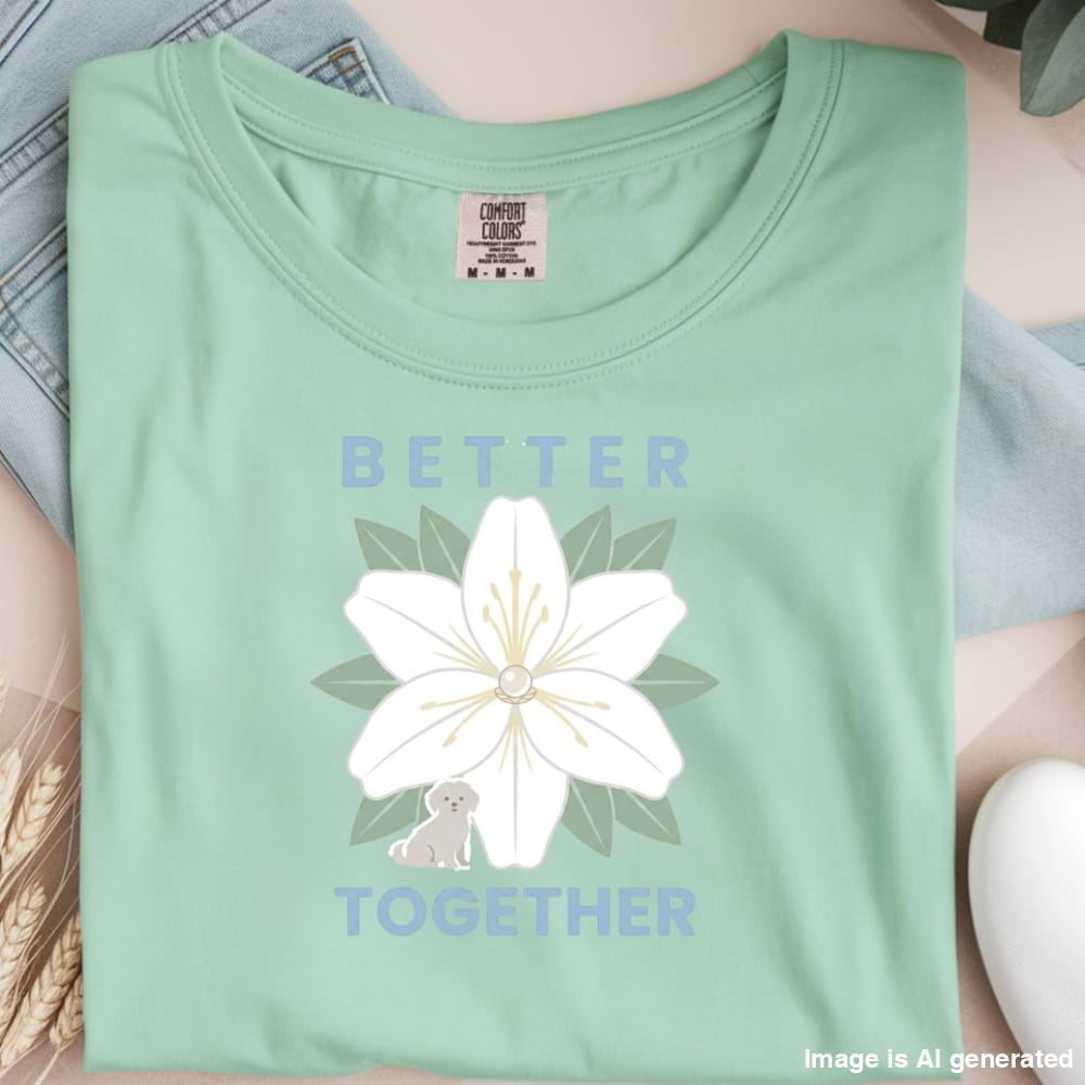 Light green t-shirt with a white flower graphic and 'Better Together' text on a neutral background