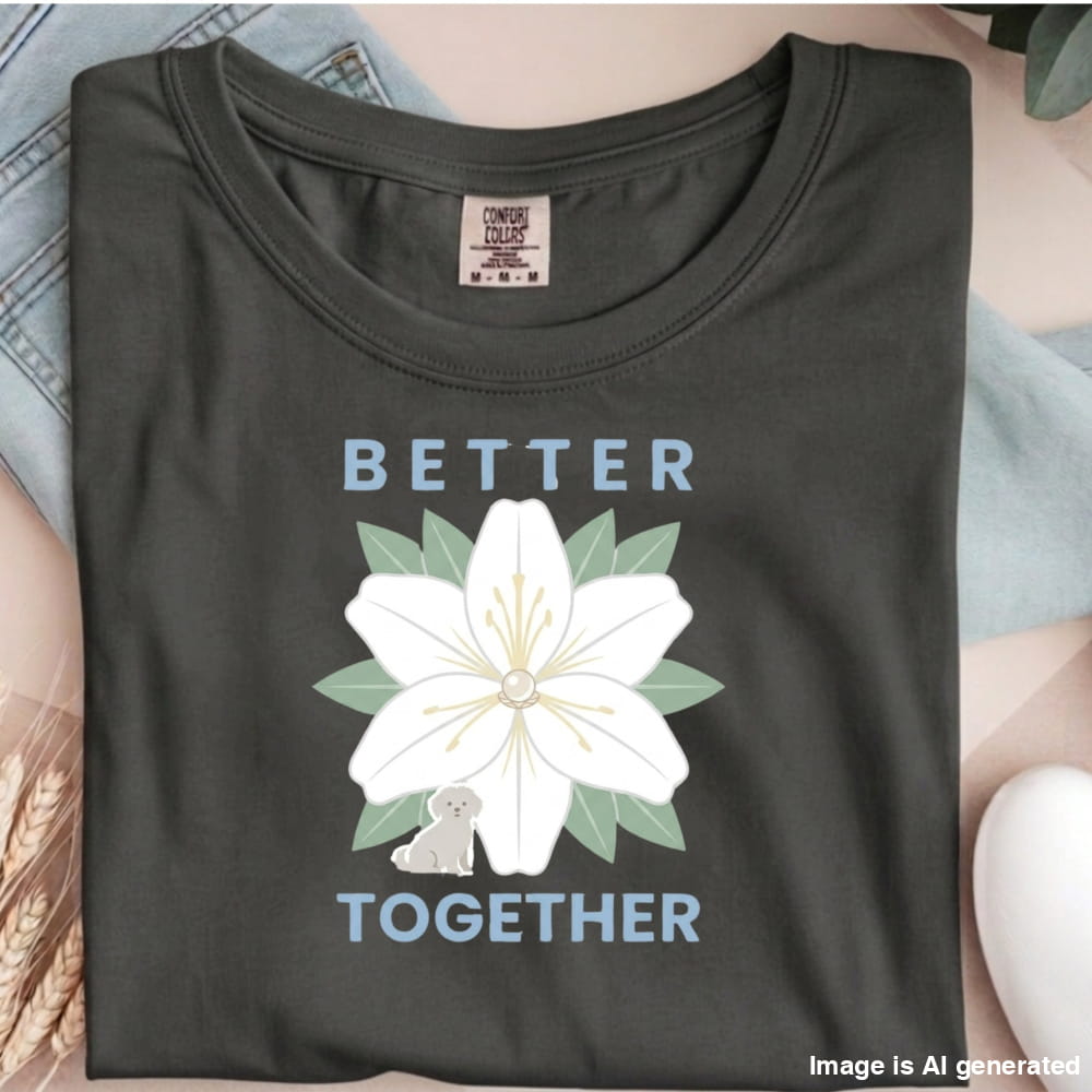 Dark gray t-shirt with a white flower graphic and 'Better Together' text on a person wearing it.