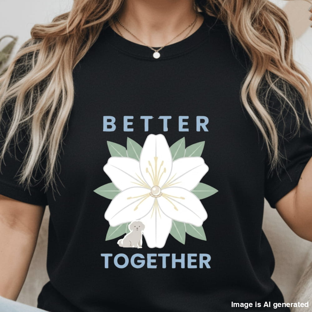 Black t-shirt with a white flower graphic and 'Better Together' text worn by a person.