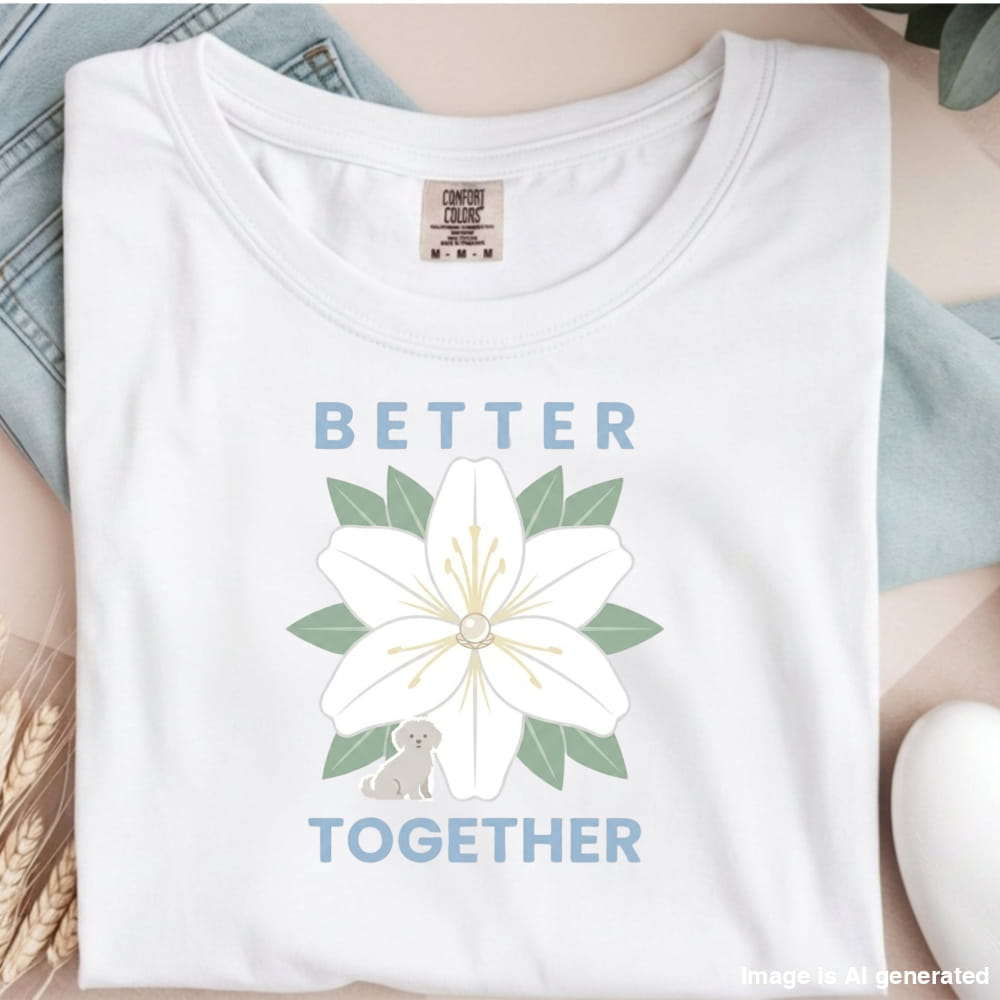 White t-shirt with a flower design and 'Better Together' text on a neutral background