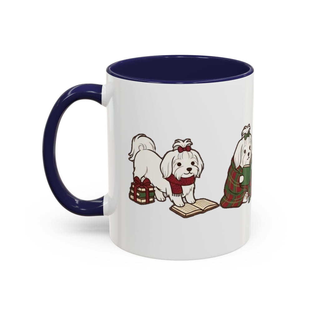 White ceramic mug with a navy interior and navy handle, showing a Maltese in a red scarf and bow beside a wrapped gift and another Maltese in a plaid blanket.