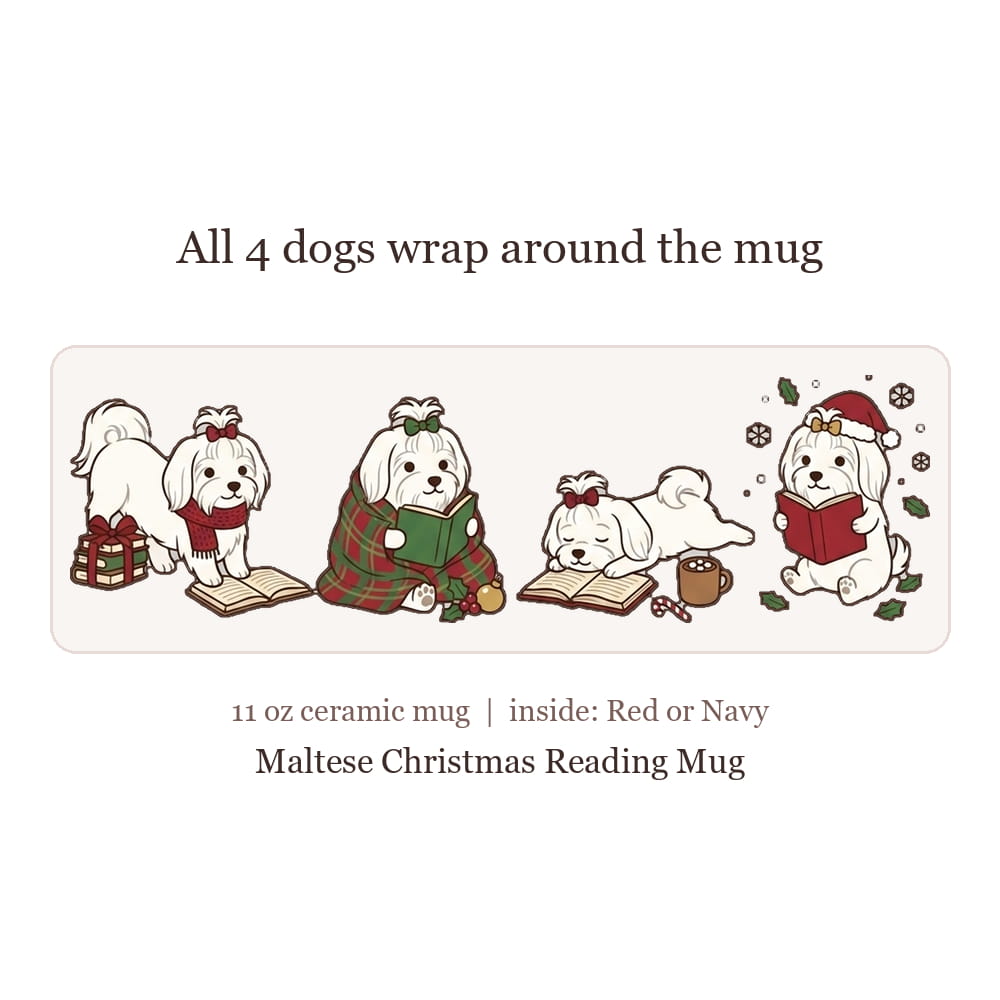 A product listing graphic for a 11 oz ceramic mug featuring four cute white Maltese dogs wrapped around it in Christmas-themed illustrations. The text states 'All 4 dogs wrap around the mug' and '11 oz ceramic mug | inside: Red or Navy Maltese Christmas Reading Mug'.