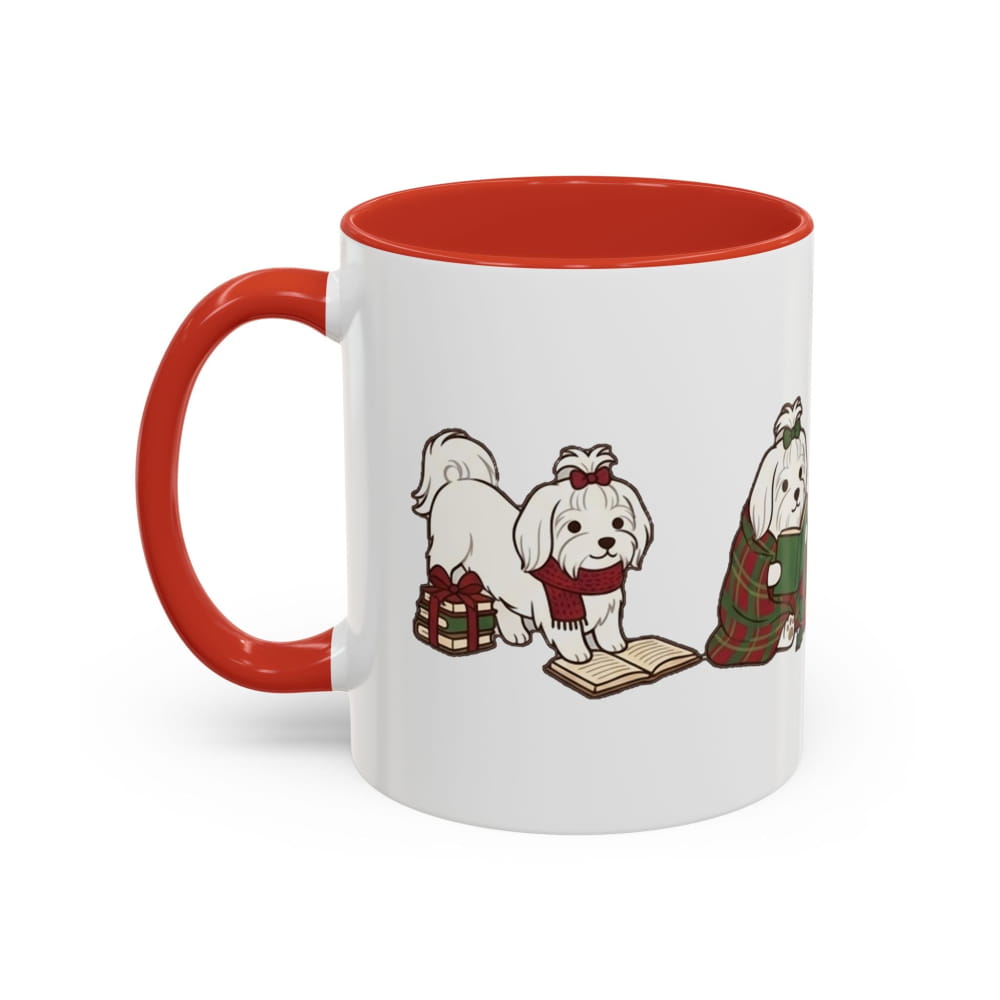 White ceramic mug with a red interior and red handle, showing a Maltese in a red scarf and bow beside a wrapped gift and another Maltese in a plaid blanket.