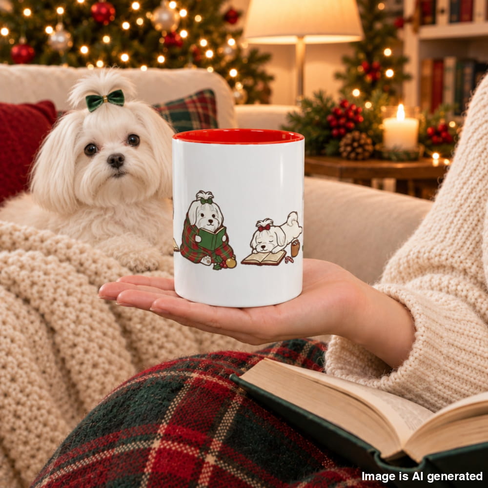 A hand holds a white ceramic mug with a red interior and a Christmas illustration of two Maltese reading, while a real Maltese with a green bow rests on a cozy couch.