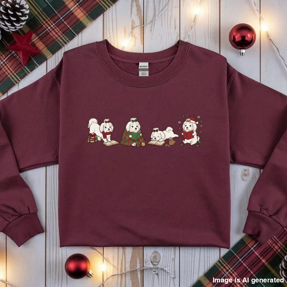 Maroon Maltese Christmas Reading Sweatshirt, flat lay with holiday ornaments, string lights and plaid fabric